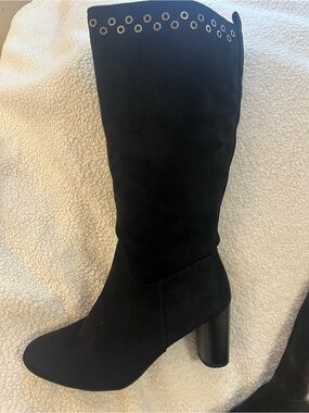 Andrew Geller Black suedelike Women's Knee-High Heeled Boot with Eyelet Trim